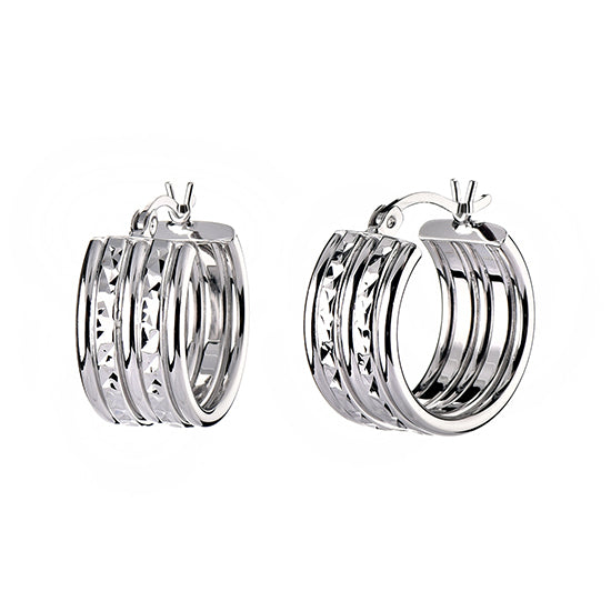 925 STERLING SILVER 25.0 MM. FIVE ROLL TUBES WITH DIAMOND CUT HOOP EARRINGS F64017