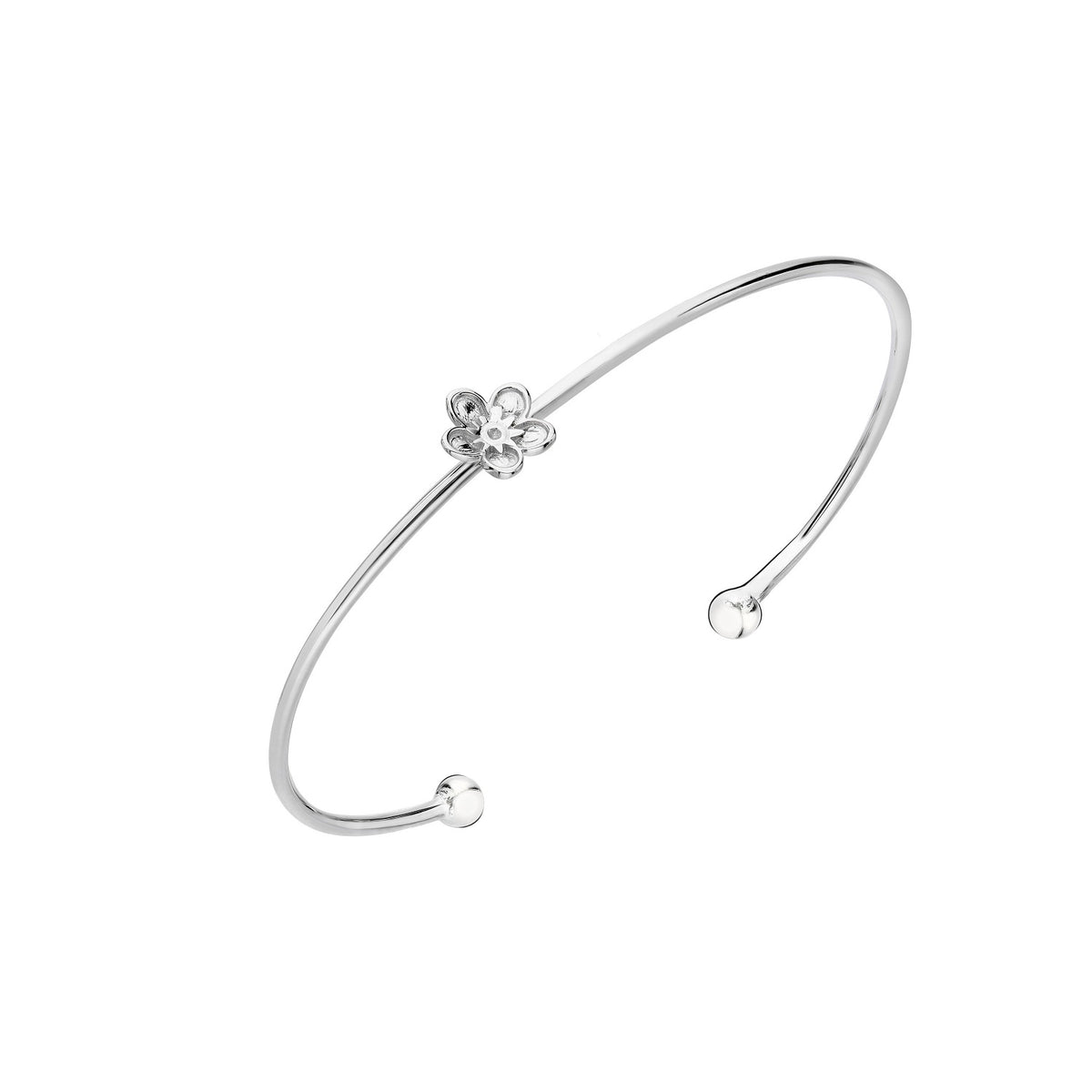 925 STERLING SILVER LITTLE FLOWER BALL END OPEN CUFF BANGLE F70554